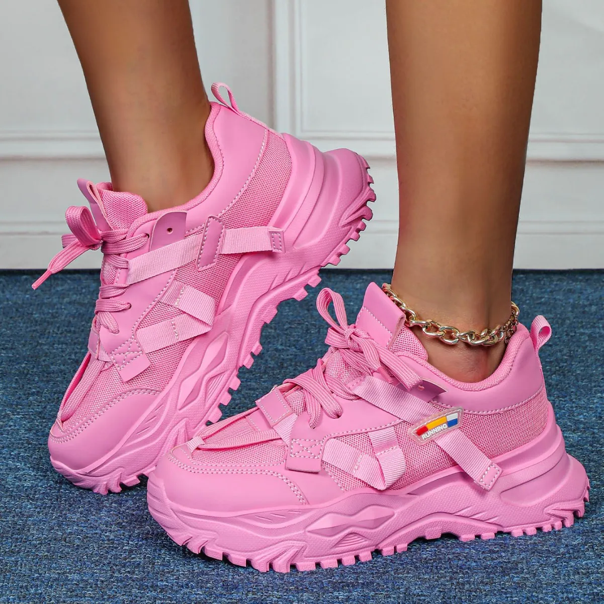 Sneakers Chunky da Donna PU Rete Traspiranti Plateau Moda Stringate Blocchi di Colore Suola Spessa Scarpe da Camminata