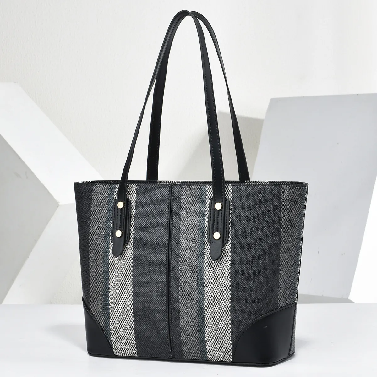 Women Large Capacity Striped Tote Bag Fashion PU Leather Splicing Shoulder Bag With Metal Rivets Commuting Handbag