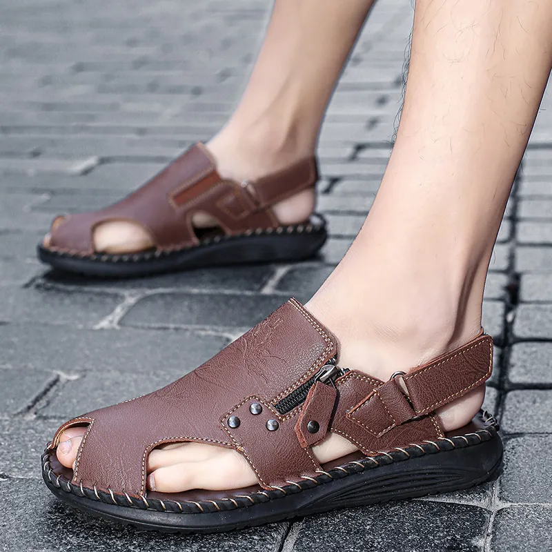 Sandalias de Punta Cerrada Cosidas a Mano para Hombre Zapatos de Playa Transpirables de Cuero de Microfibra Sandalias de Conducción