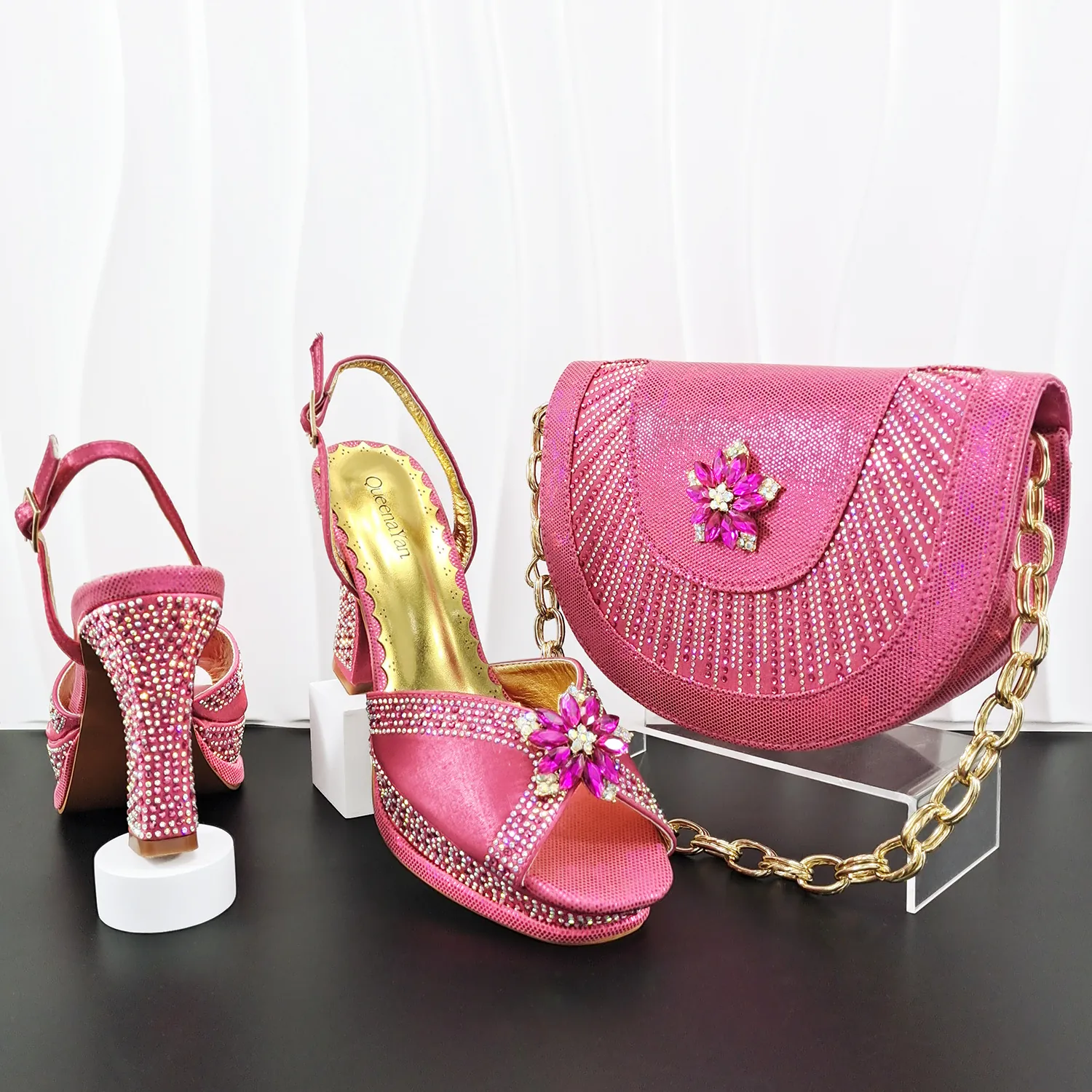 Set Sandali con Tacchi Alti in Strass e Borsa da Sera da Donna Plateau Tacco Largo Banchetto Scarpe da Matrimonio Borsa Set Lusso Elegante Accessori da Festa