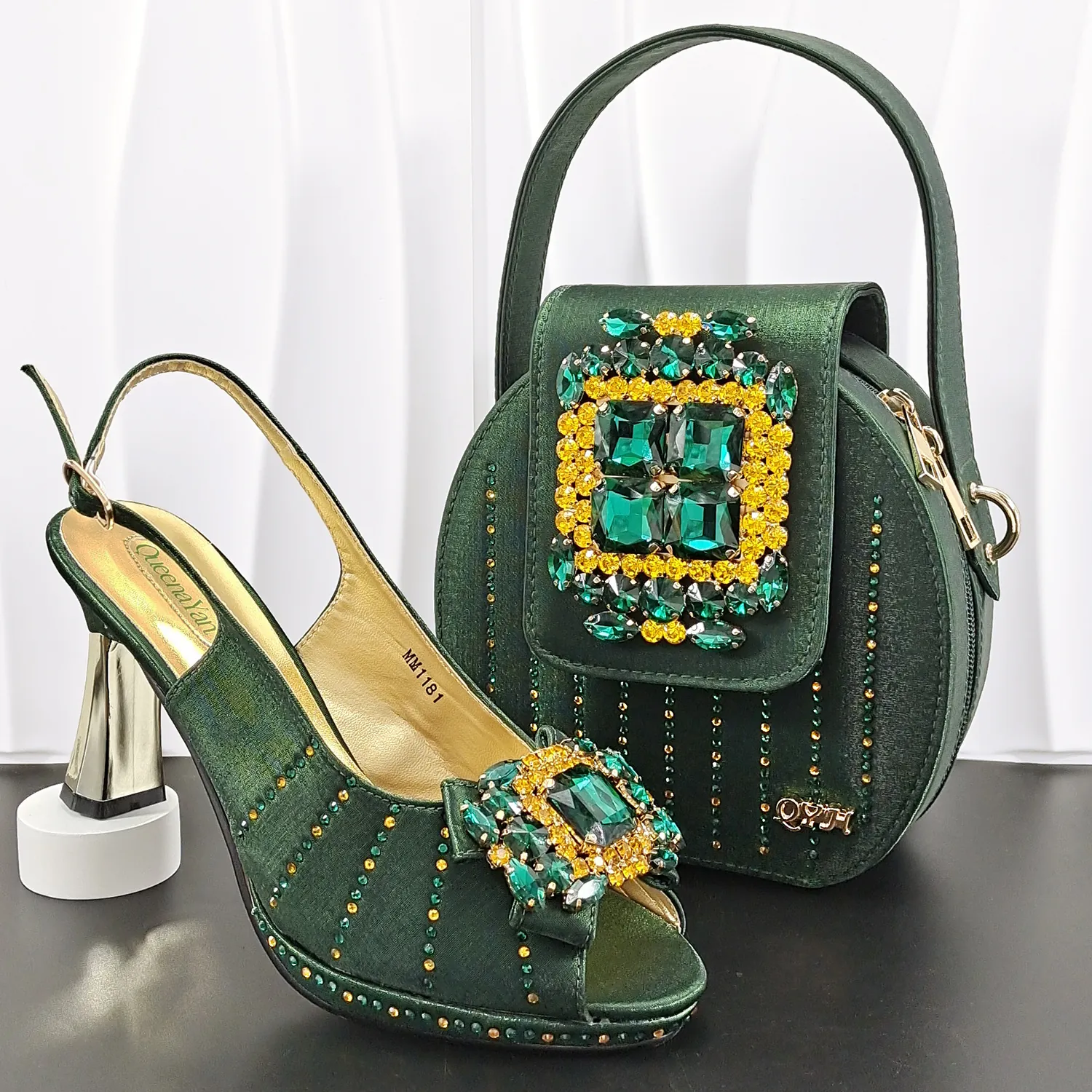 Damen Luxus Satin High Heel Sandalen Mit Passender Runder Abendtasche Set Strass Schnalle Plateau Bankett Hochzeitsschuhe