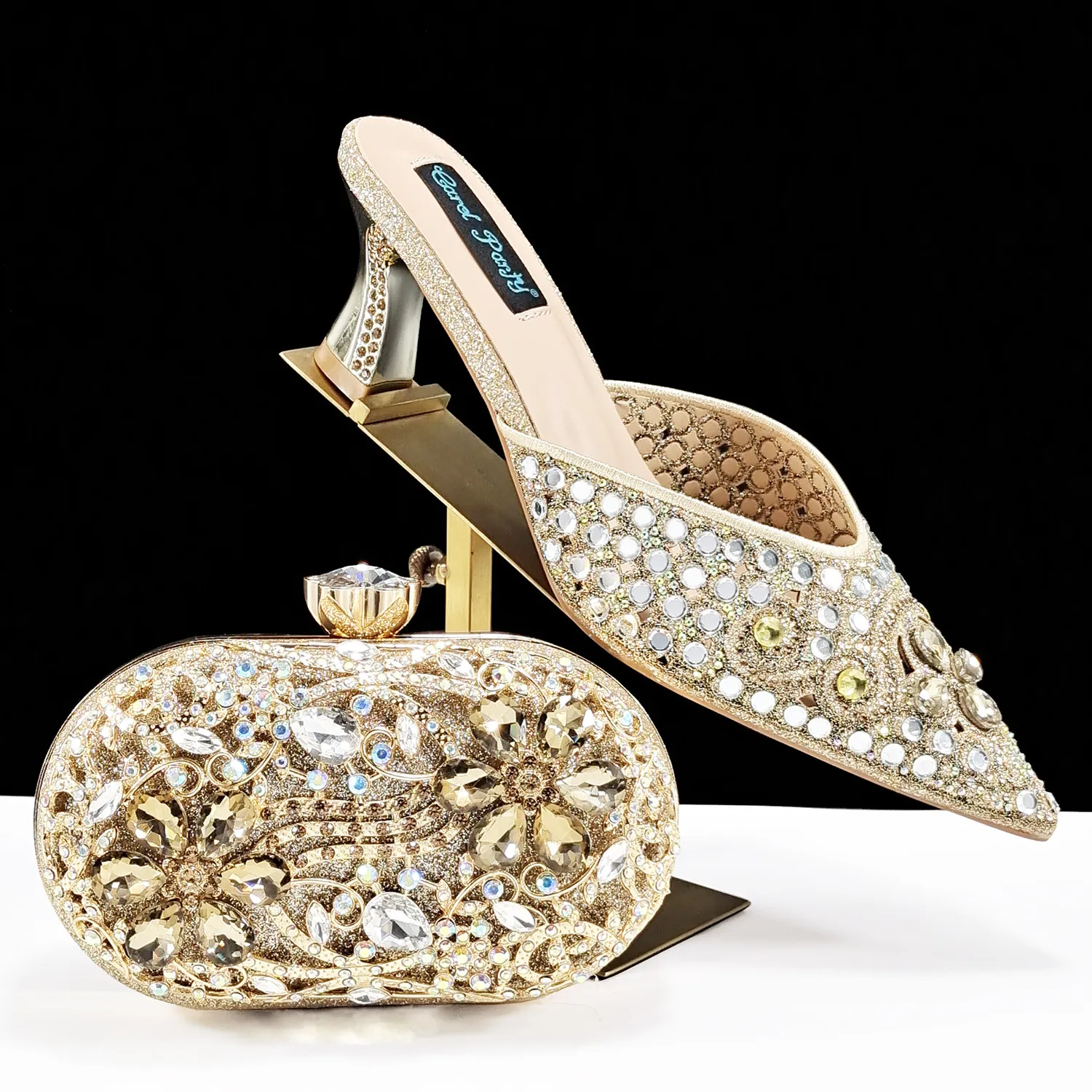 Luxury Women Pointed Toe Cutout Rhinestone Mule Sandals And Matching Clutch Handbag Set Glitter Rhinestone Wedding Party Banquet Dress High Heel Shoes Bag Set