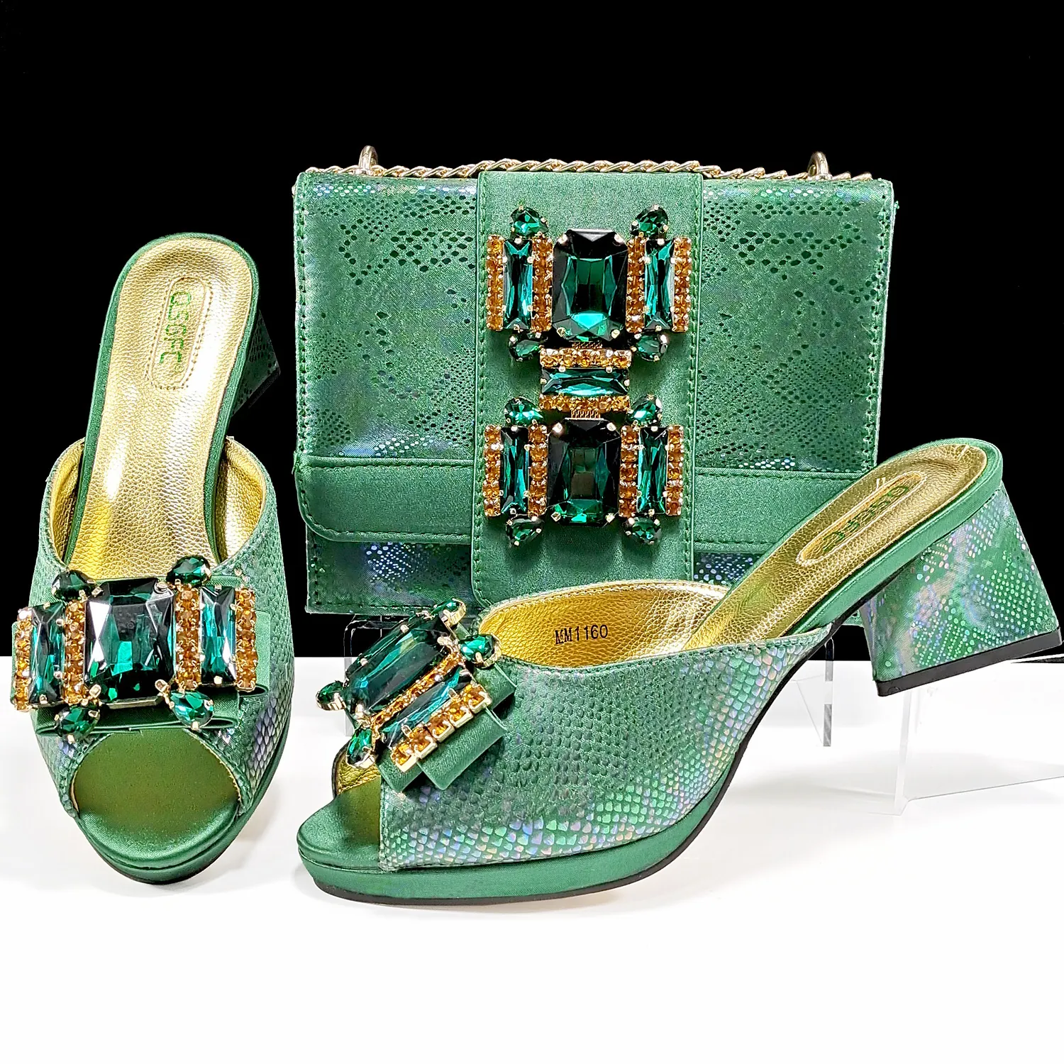 Luxuriöse Schlangenmuster Strass-Viereckschnalle Blockabsatz Mules Mit Passender Kettentasche Damen Schuh- Und Taschenset