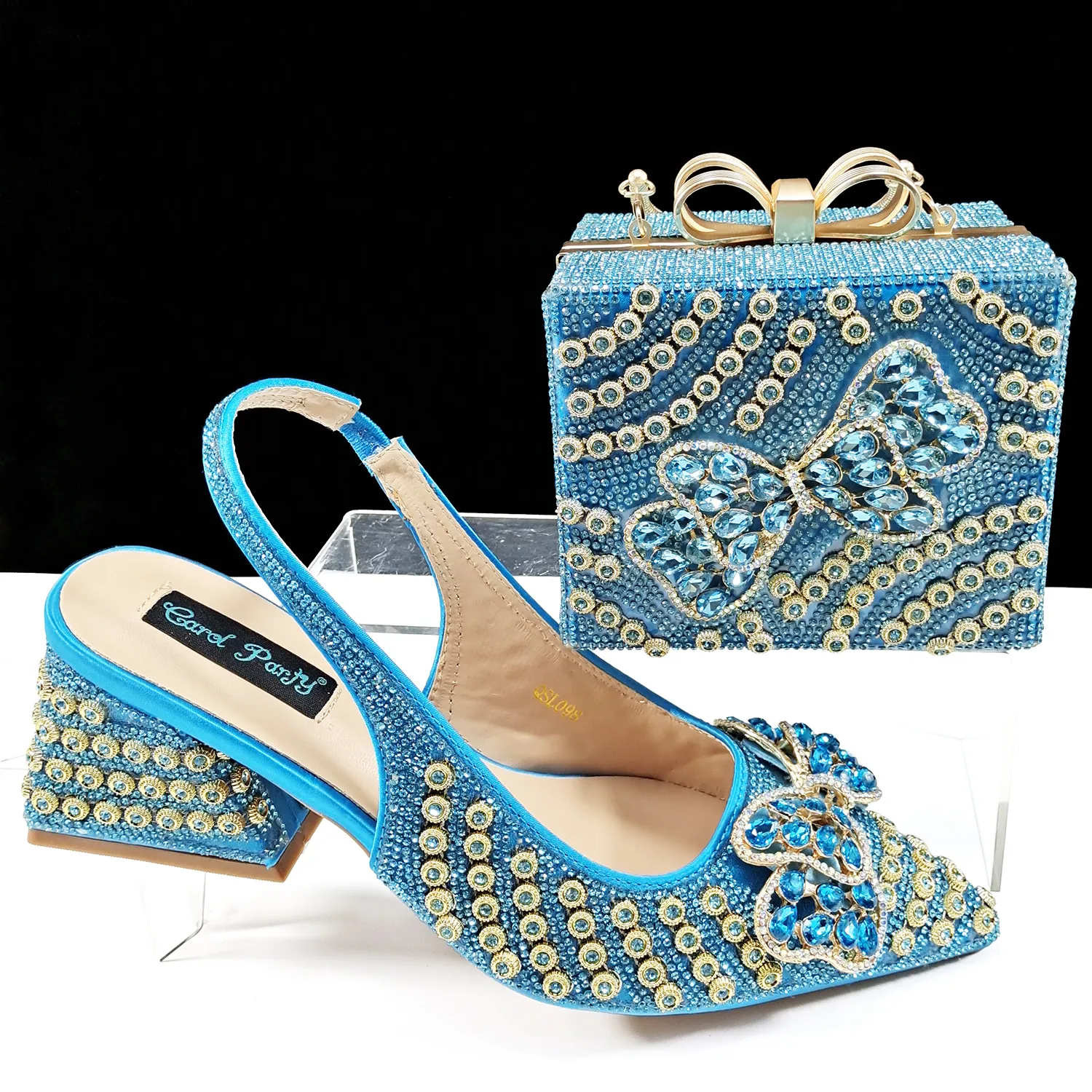 Women Pointed Toe High Heels And Clutch Bag Set Rhinestone Bow Banquet Dress Shoes Glitter Crystal Decor Pumps For Wedding Party