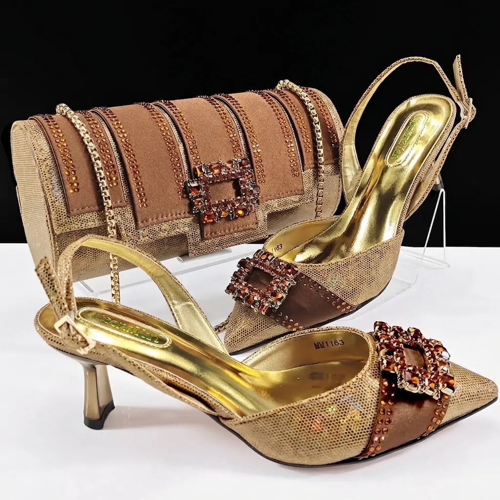 Women's Pointed Toe Stiletto High Heels Rhinestone Square Buckle Banquet Shoes and Metallic Texture Evening Bag Set For Wedding