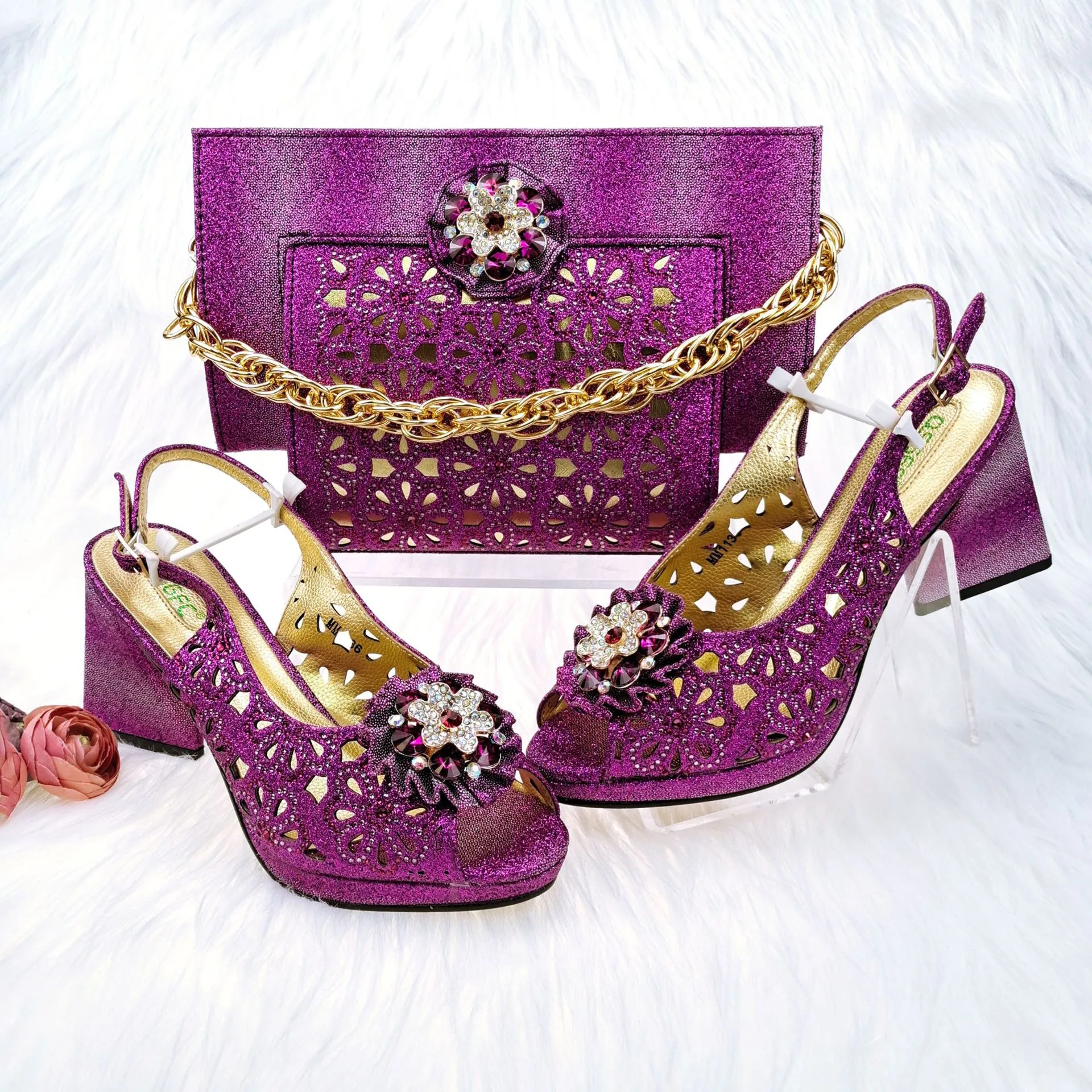 Women High Heel Sandals And Clutch Bag Set Hollow Out Rhinestone Buckle Glitter Evening Shoes Set For Wedding Party