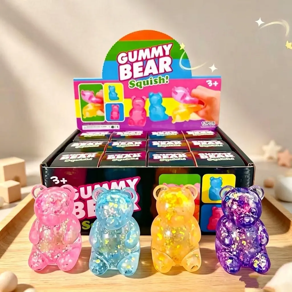 Aurora Gummy Bear Squishy Toy Glitter Maltose Texture Stress Relief Decompression Toy For Kids Adults Sitting Bear