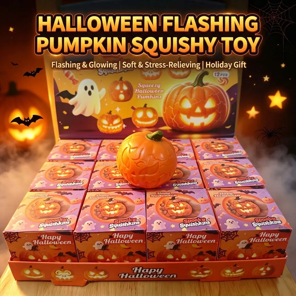 Halloween Flashing Pumpkin Squishy Stress Relief Toy Glow TPR Soft Squeeze Pumpkin Party Favor Gift For Halloween Decoration