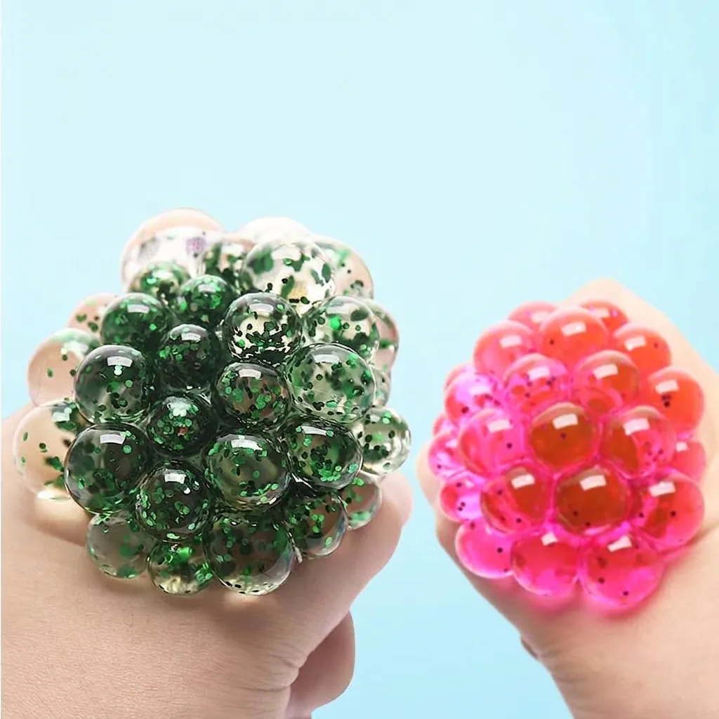 Creative Grape Shape Squishy Stress Relief Ball Silicone Mesh Squeeze Toy With Glitter For Office Desk Sensory Fidget Toy