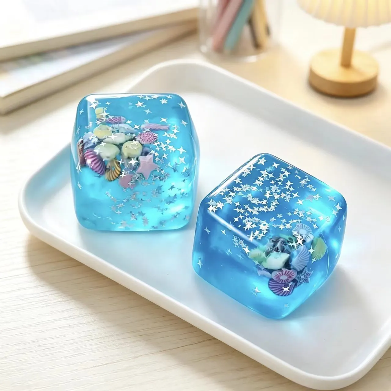 Ocean Ice Cube Squishy Toy Transparent TPR Maltose Cube Starfish Shell Glitter Stress Relief Toy Kids Adults Decoration