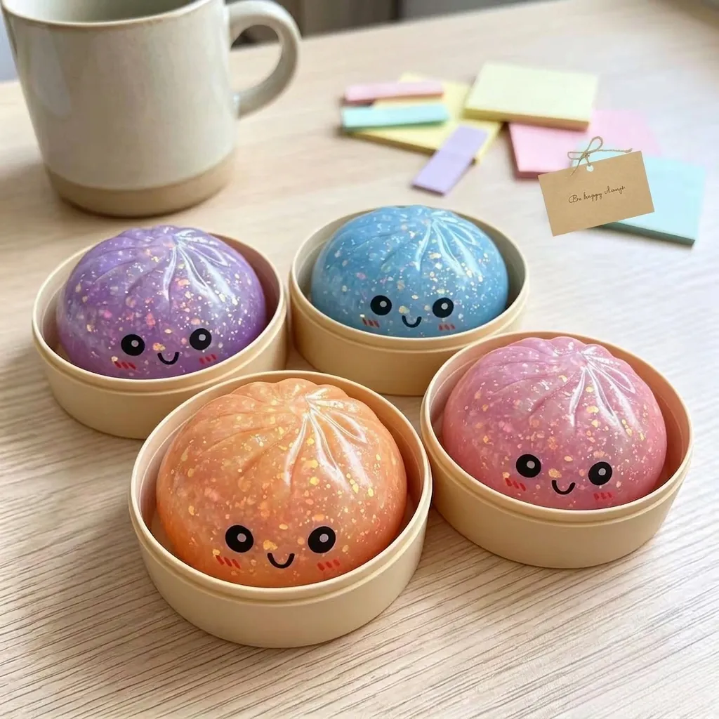 Giocattolo Antistress Squishy Dumpling con Sorriso Glitterato Rimbalzo Lento Simulazione Cibo Panino al Vapore Giocattolo Sensoriale Fidget