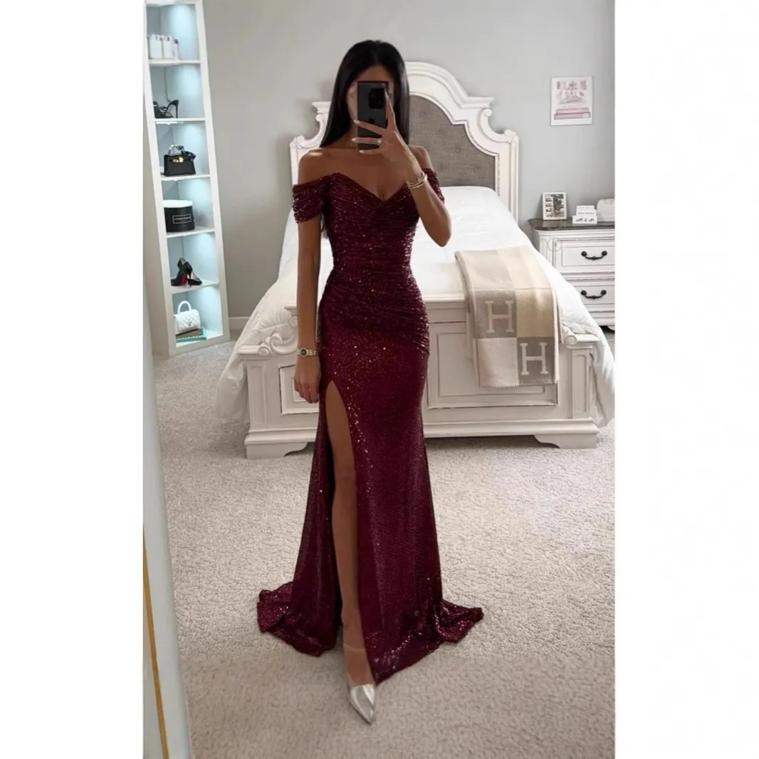 Women Sexy Sequin Off-the-Shoulder Maxi Dress Elegant Slit Bodycon Polyester Prom Party Evening Gown Special Occasion Dress