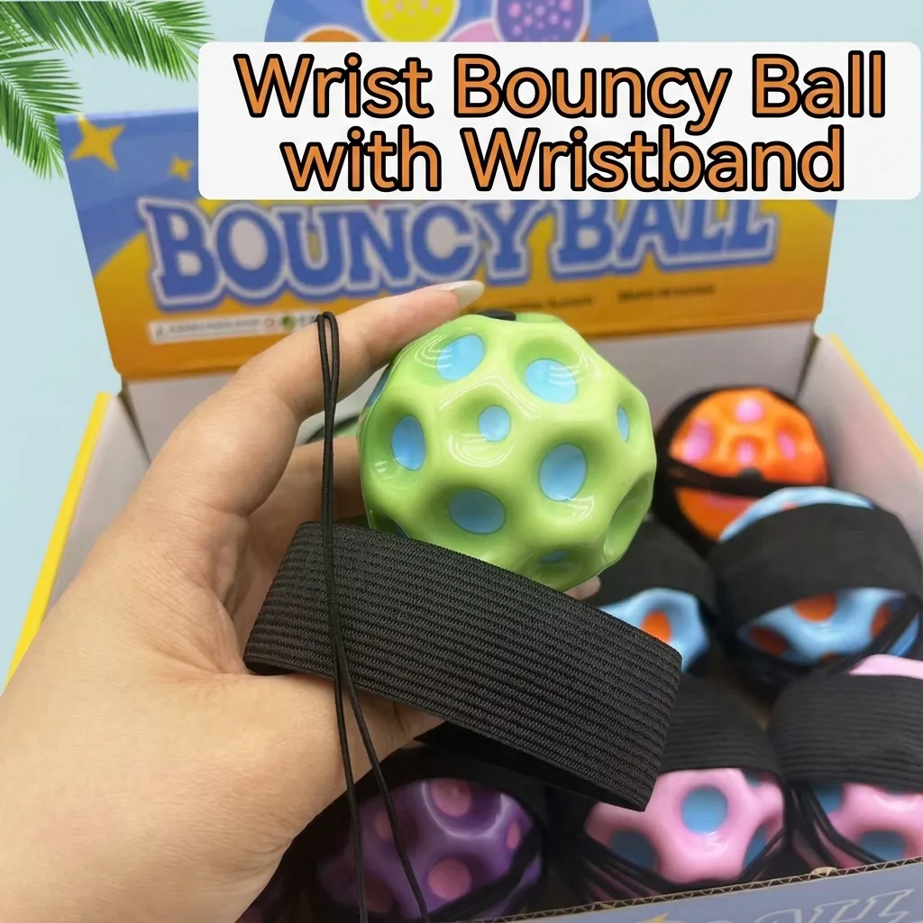 Balle Lune à Haut Rebond Mousse PU Balle à Trous Balle Rebondissante Élastique Dragonne Jouet Sensoriel Anti-stress Squishy pour Enfants Sports de Plein Air