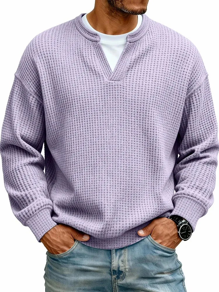 Men's Waffle Knit Long Sleeve T-Shirt Fake Two-Piece Design Casual V-Neck Top Loose Streetwear Acrylic Blend Pullover For Men