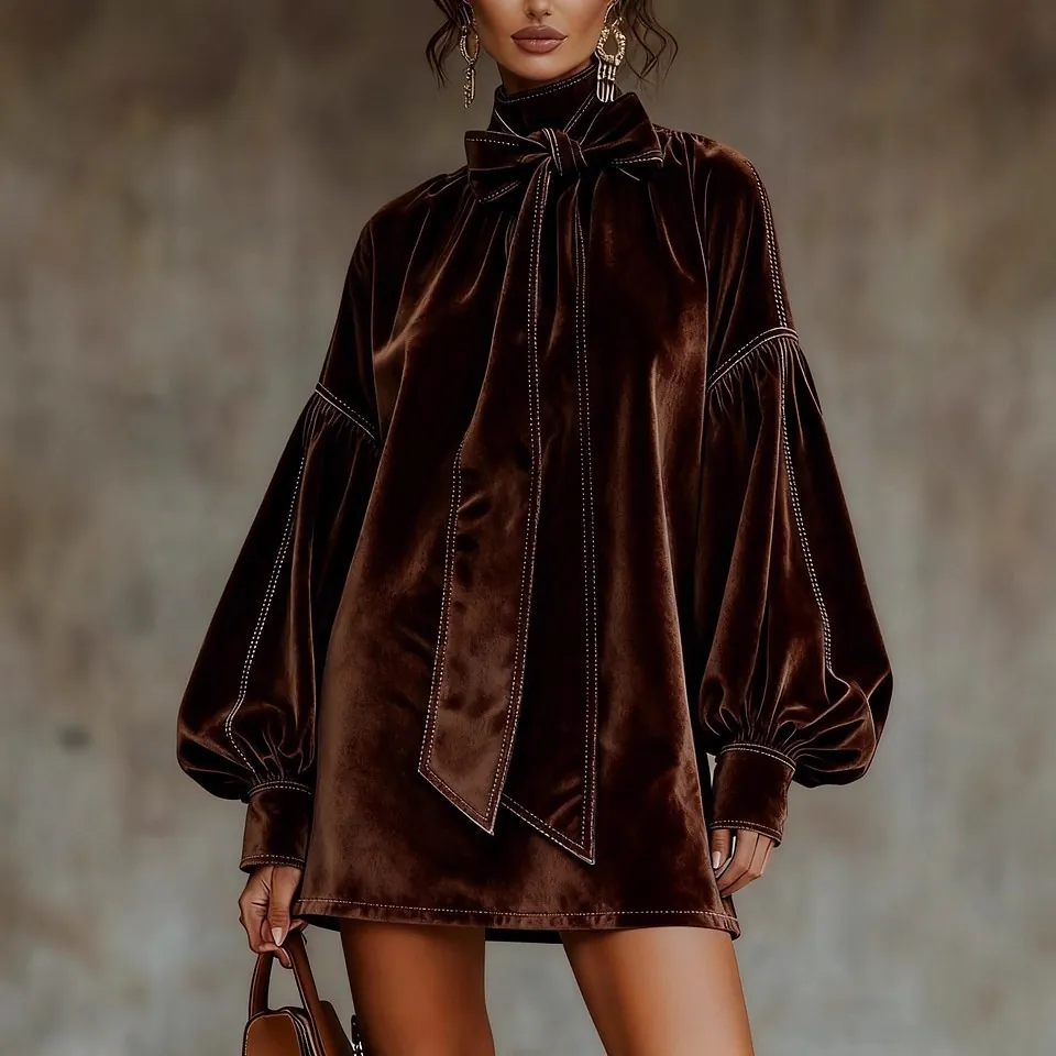 Mini Robe en Velours avec Nœud pour Femme Col Montant Manches Lanternes Surpiqûres Contrastées Robe Courte de Fête