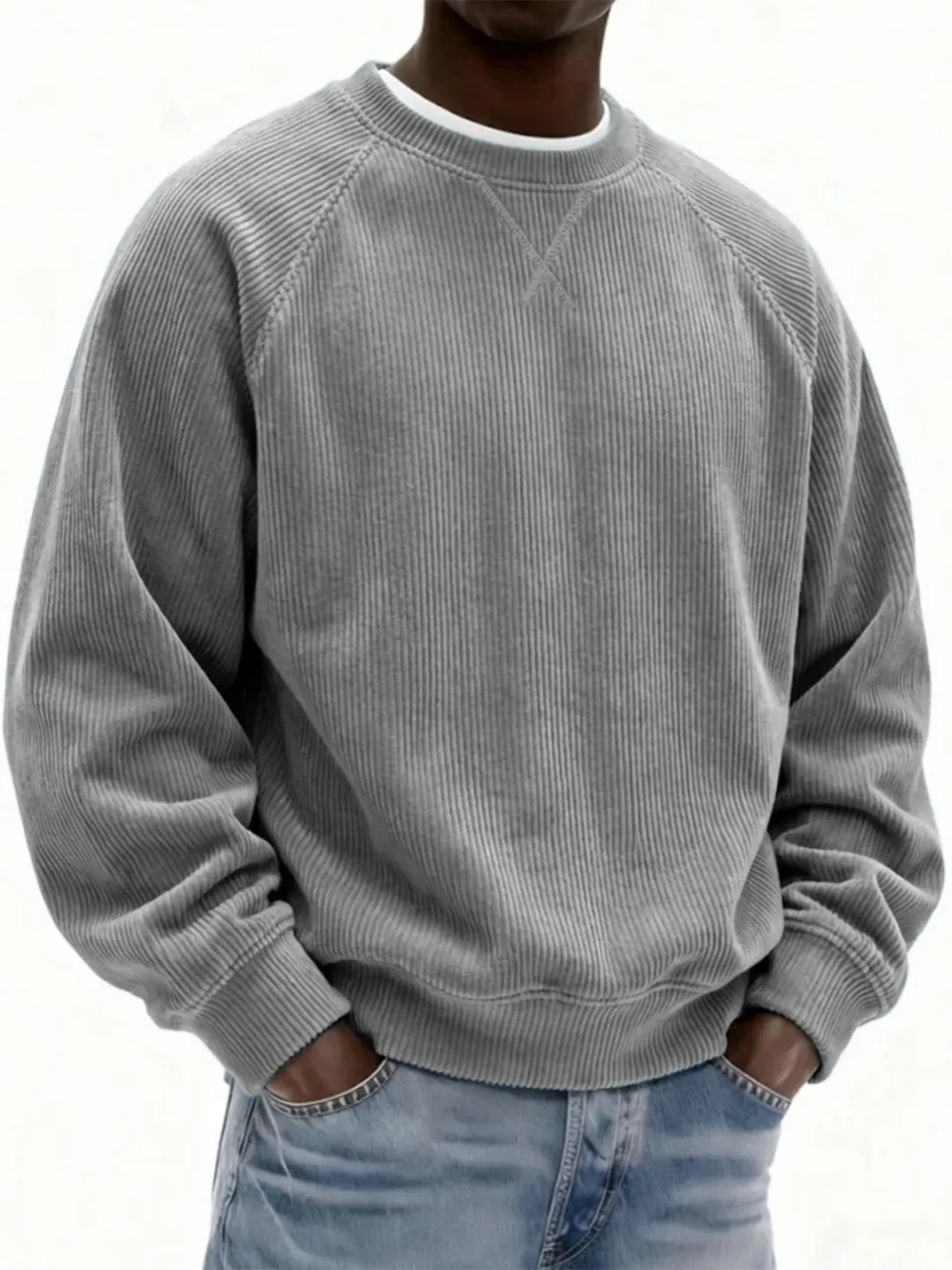 Men's Corduroy Sweatshirt Crew Neck Loose Fit Long Sleeve Top Pullover For Spring Autumn Casual Male Clothing