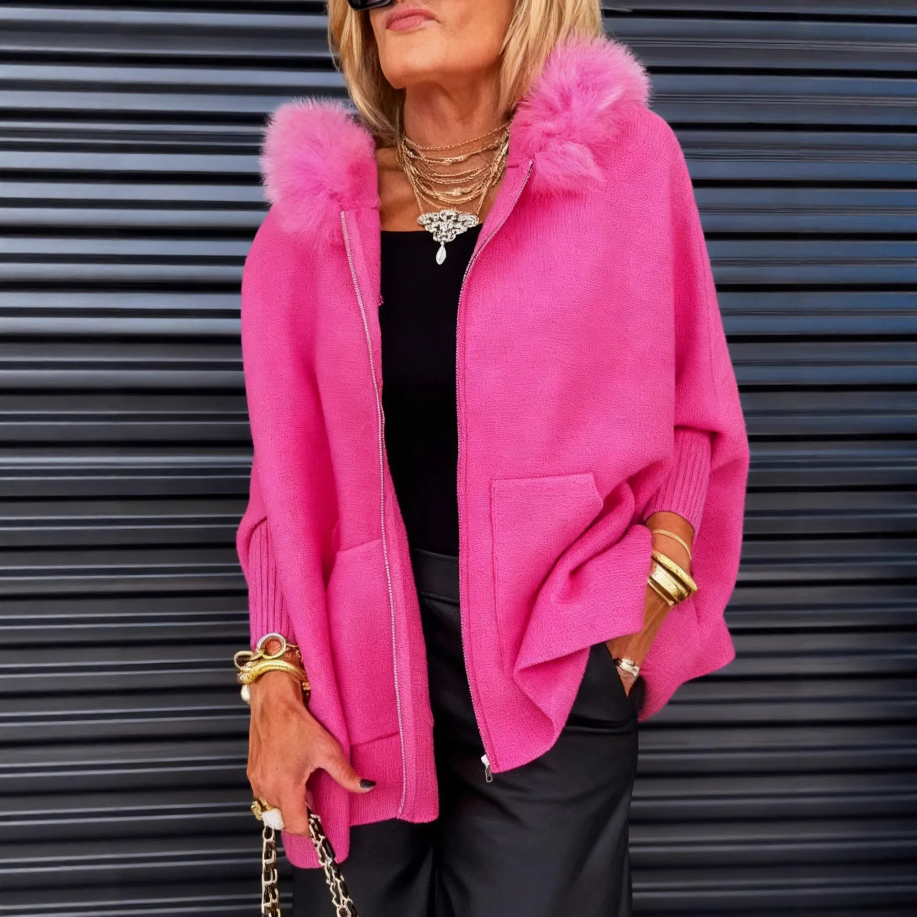 Damen Strickjacke Mit Großem Pelzkragen Übergroße Einfarbige Kapuzenjacke Mit Reißverschluss Und Taschen Herbst Winter Warm Top
