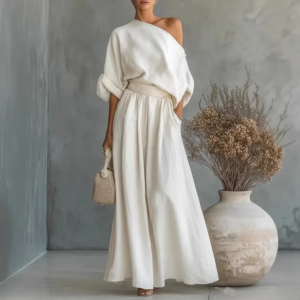 Elegante Set da Donna Top Monospalla E Pantaloni a Gamba Larga Tinta Unita in Poliestere Elastan per Streetwear Ufficio