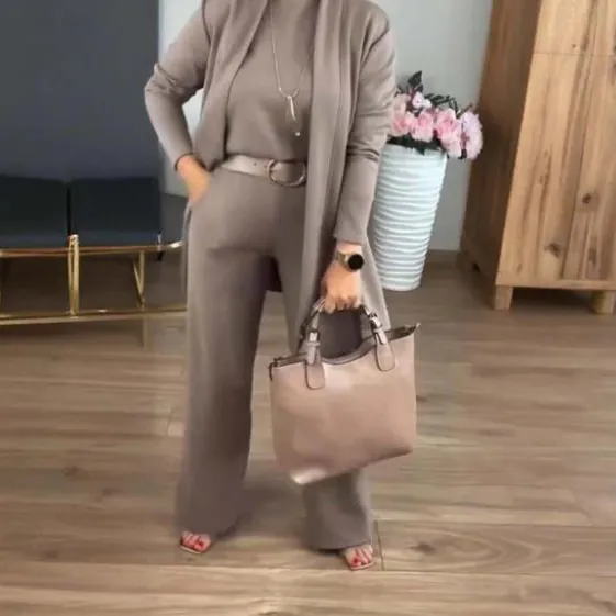 Elegante Conjunto de Tres Piezas para Mujer Poliéster Color Sólido Cárdigan de Manga Larga Top y Pantalones de Pierna Ancha