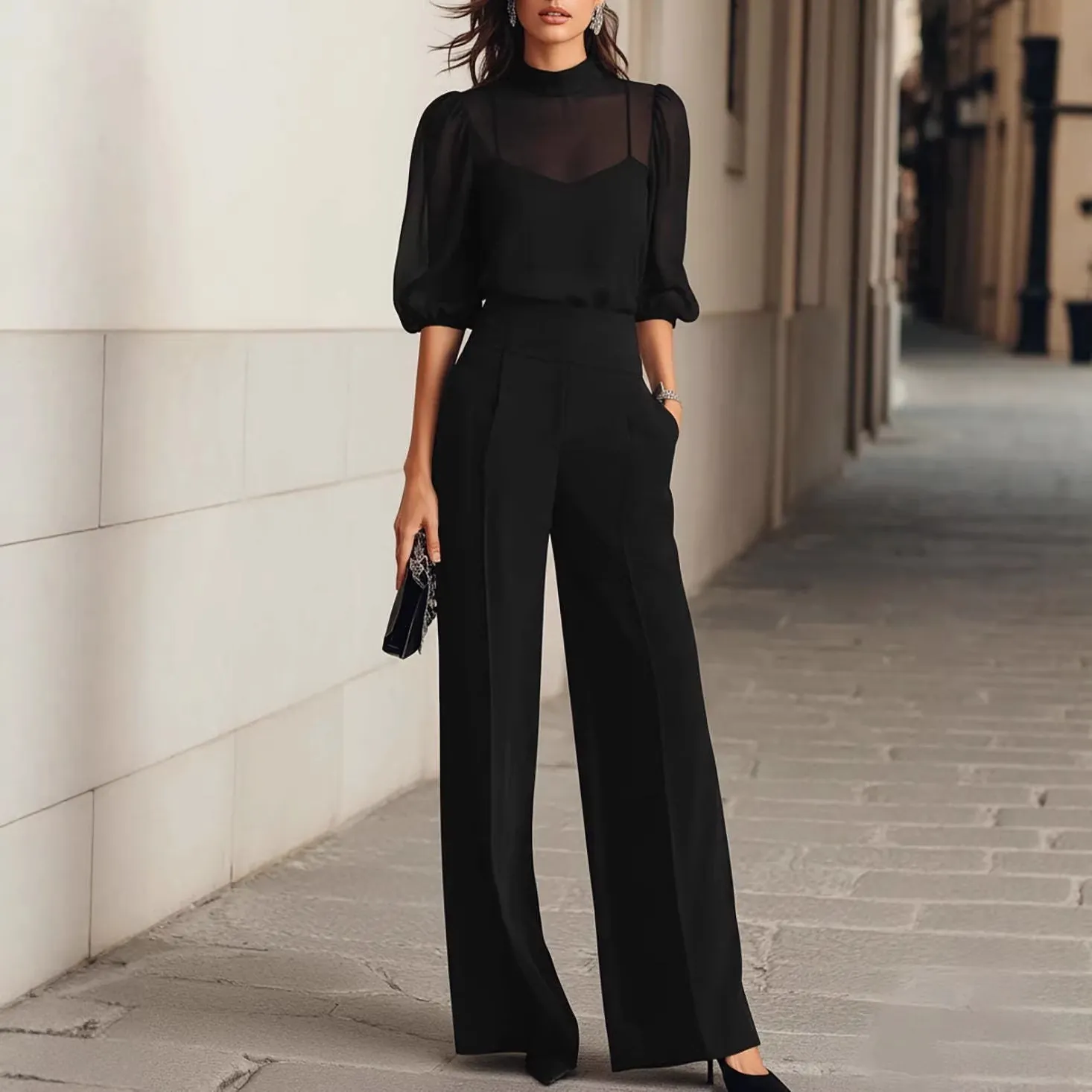 Women 3-Piece Set Mesh Patchwork Top And High Waist Wide Leg Pants Slimming Solid Color Casual Fashion Summer Outfit