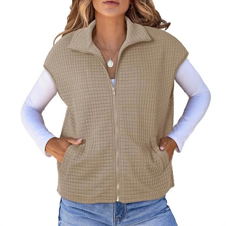 Women Waffle Knit Zipper Vest Sleeveless Sweatshirt Oversized Lapel Casual Athletic Top With Pockets Autumn Outwear