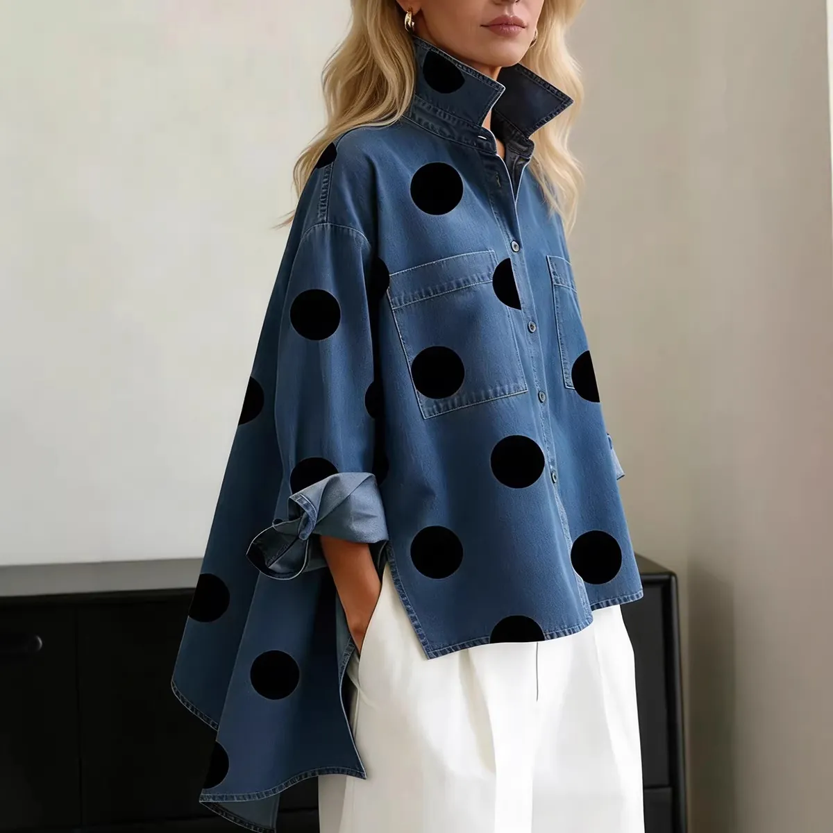 Damen Casual Faux Denim Strickhemd Polyester Punktmuster Druck Stehkragen Locker Oversized Langarm Bluse Top