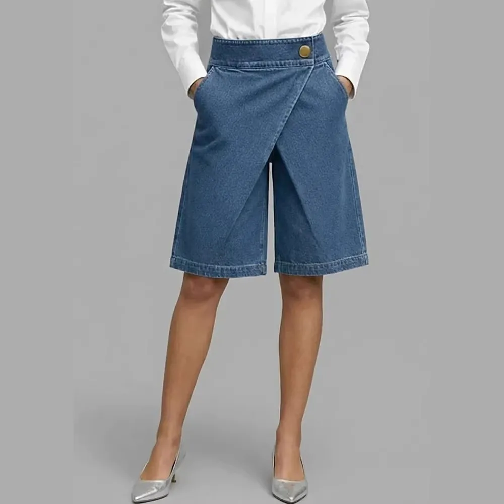 Women's Asymmetric Tencel Denim Bermuda Shorts High Waist Wide Leg Patchwork Culottes Casual Retro Loose Fit Mid Length Top And Bottom