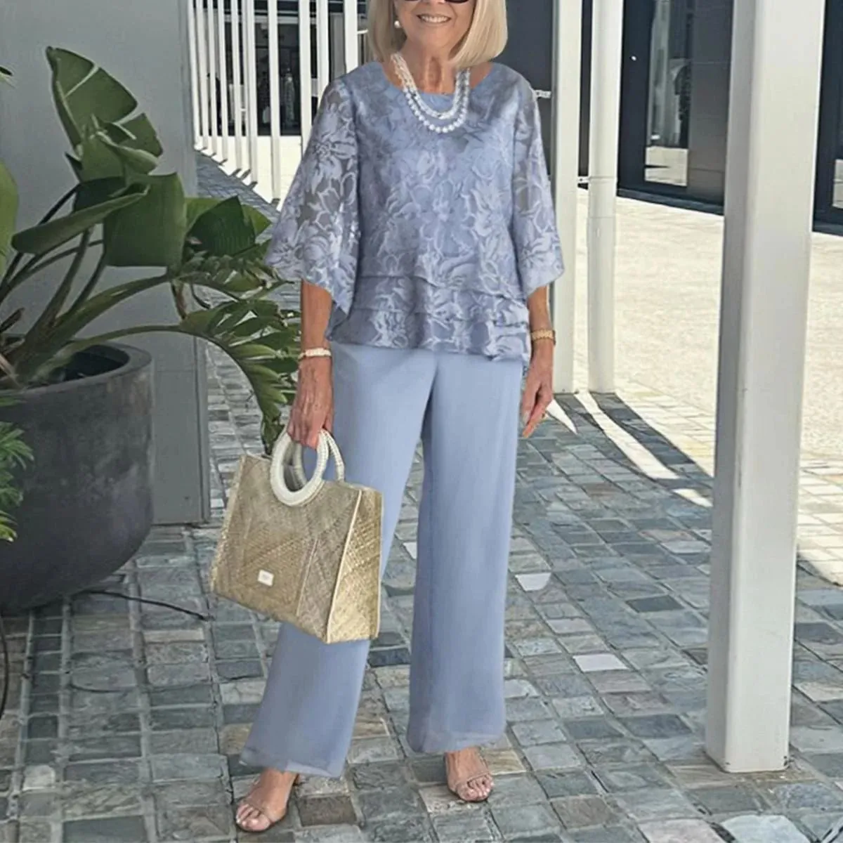 Women's Elegant Chiffon Floral Printed Top And Bottom Two Piece Set Round Neck 3/4 Sleeve Top Wide Leg Pants Casual Outfit