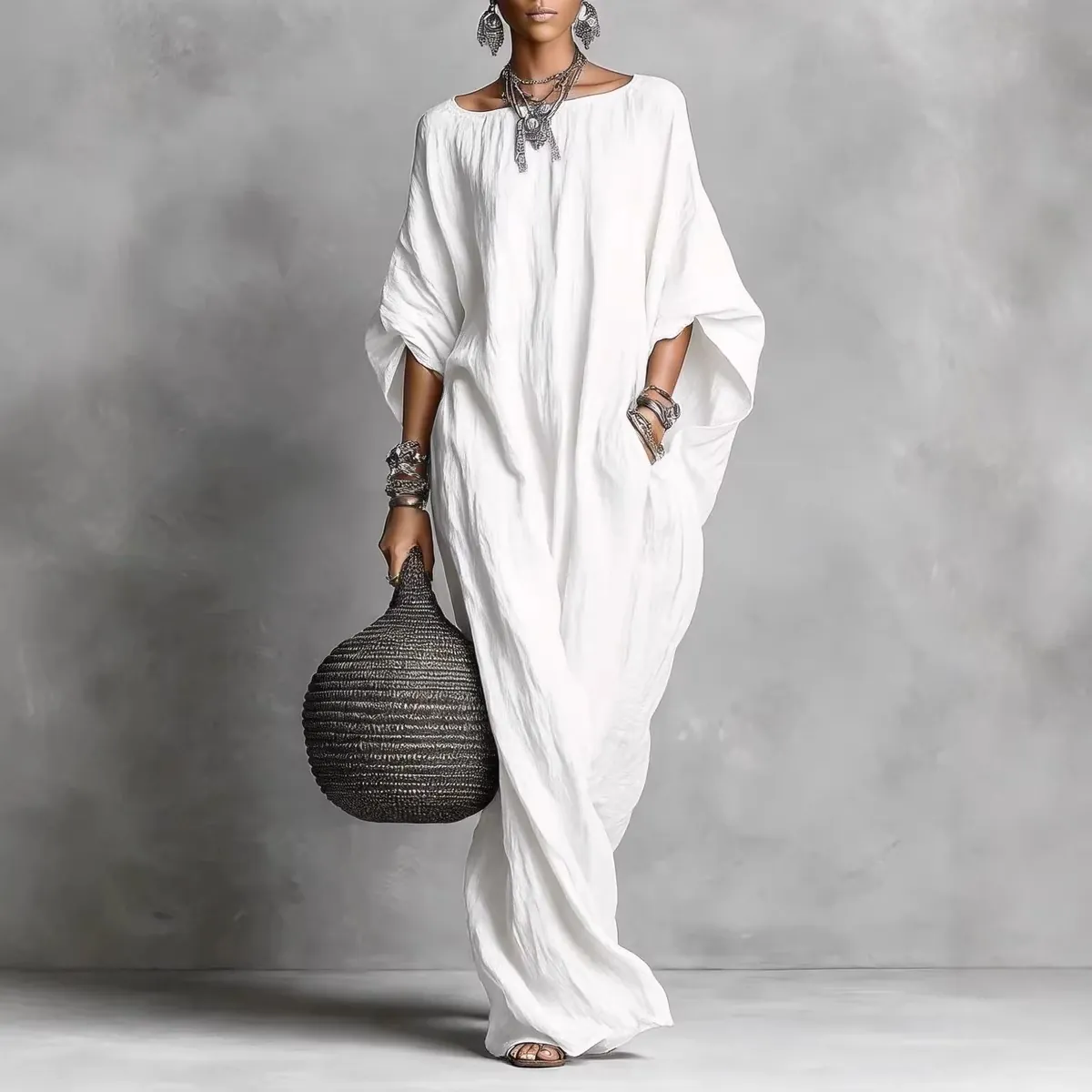 Damen Vintage Einfarbig Elegant Schulterfrei Langarm Lose Maxi Kleid Lässig Kaftan Böhmisch Lange Kleider