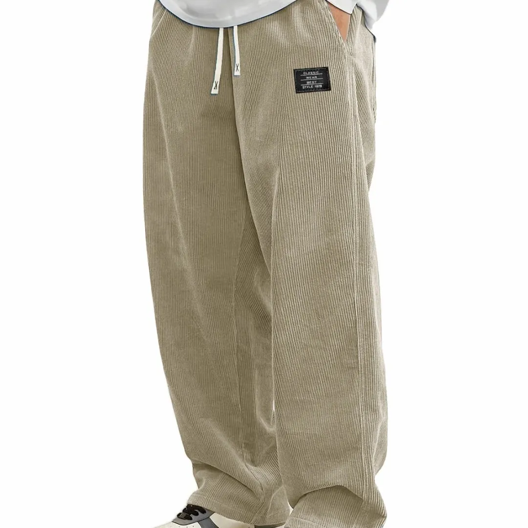 Pantalon Décontracté en Velours Côtelé pour Hommes Cordon Taille Élastique Ample Jambe Droite en Polyester Style Streetwear Vintage