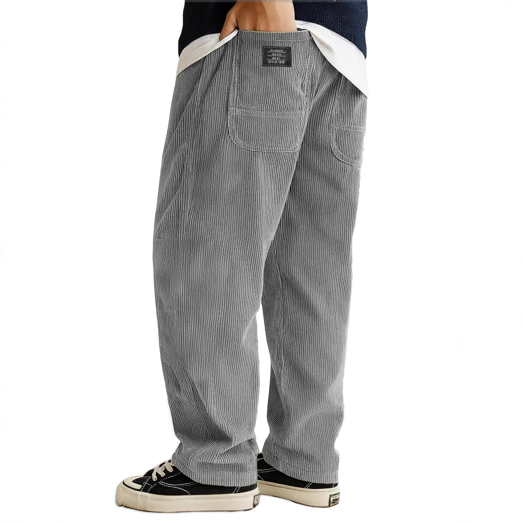Men Autumn Winter Casual Corduroy Pants Loose Fit Letter Patch Sports Joggers Breathable Drawstring Waist Sweatpants