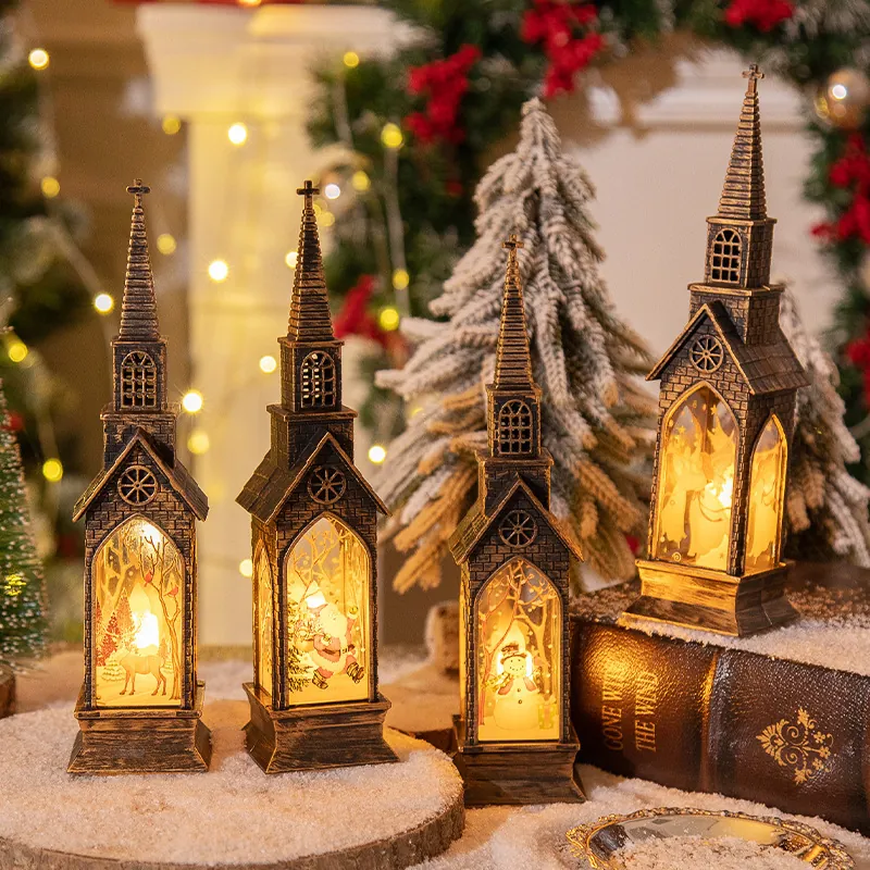 Lanterna di Natale in Bronzo Retrò Forma di Chiesa Luce Notturna LED a Batteria Babbo Natale Pupazzo di Neve Renna Angelo