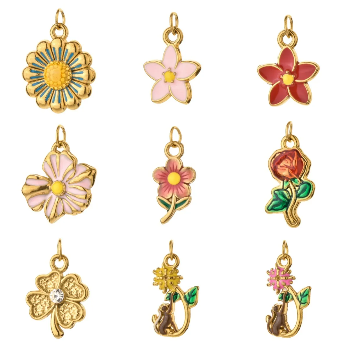 Stainless Steel Enamel Flower Pendants Colorful Daisy Rose Floral Charms For DIY Necklace Bracelet Jewelry Making Accessories