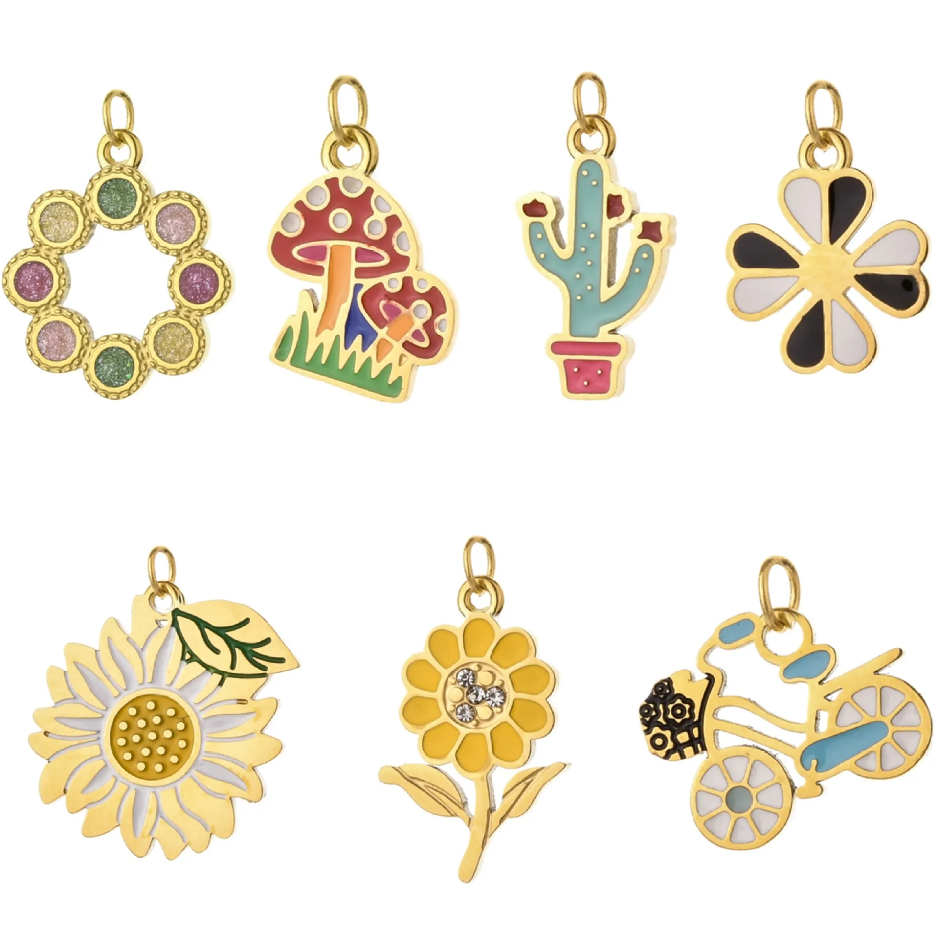 Pendentifs en Acier Inoxydable Champignon Floral Cactus Couronne Plante Charette à Fleurs DIY pour Collier Bracelet Porte-clés Bijoux