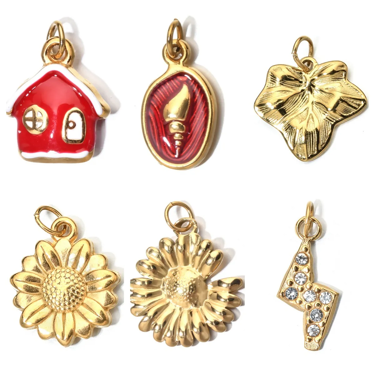 Stainless Steel 18K Gold Plated Enamel Charms For DIY Necklace Bracelet Marine Style Shell House Flower Rhinestone Pendant