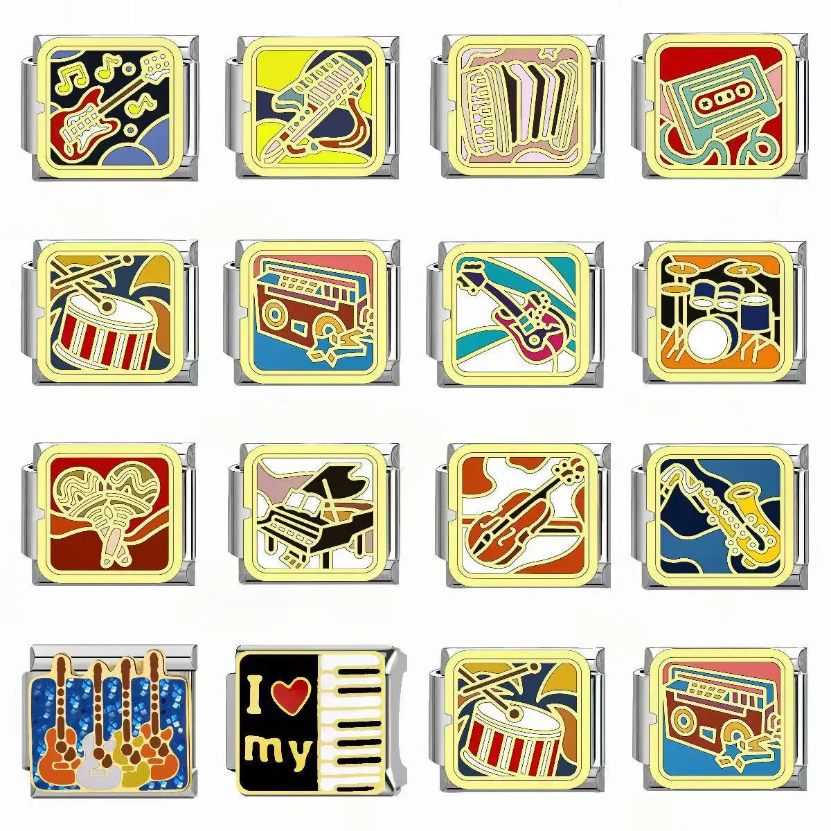 Musikinstrument Edelstahl Italienische Charm Glieder Retro Emaille Muster DIY Modular Dehnbares Armband Glieder Für Damen Herren