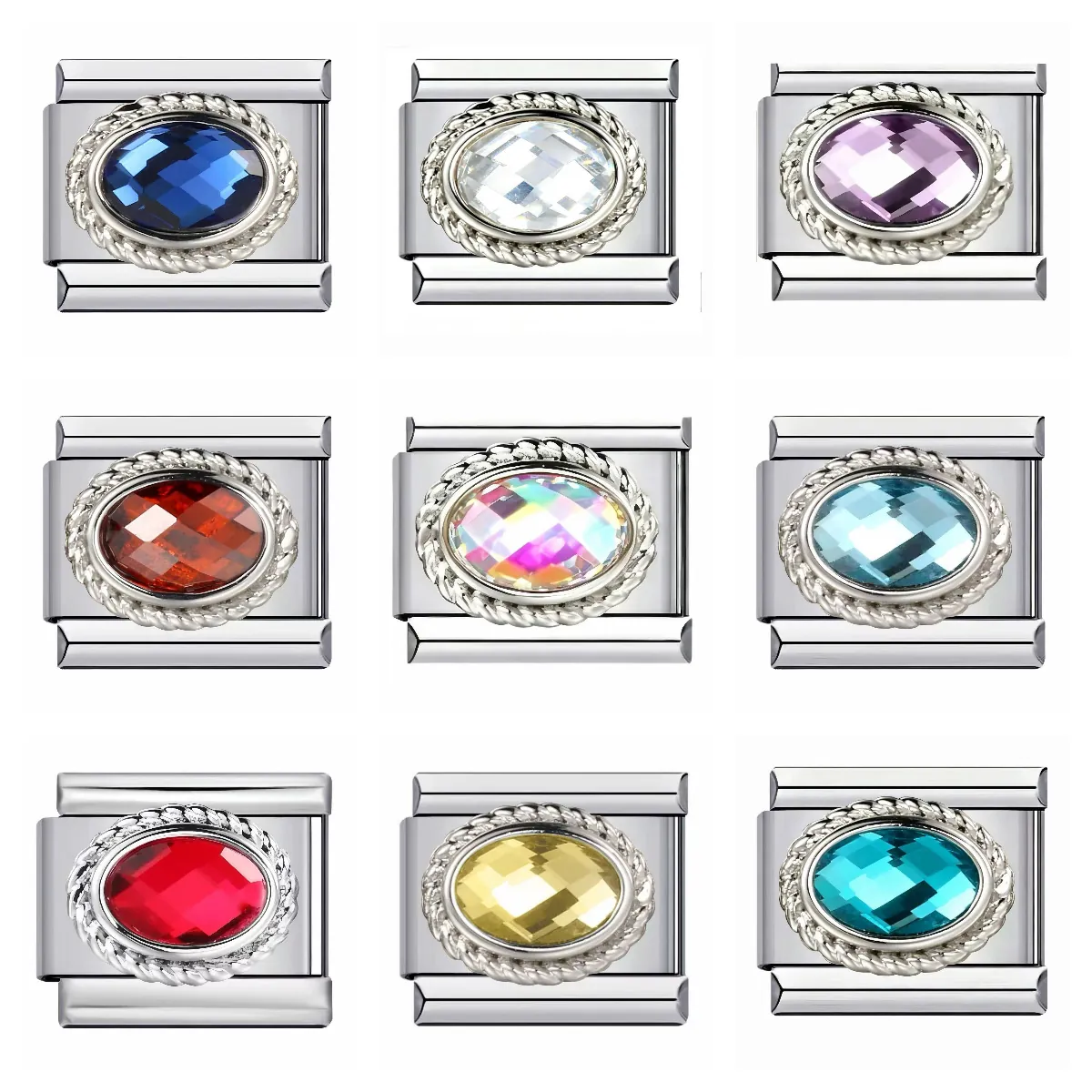 Eslabón de Pulsera de Amuleto Italiano Acero Inoxidable Circonia Colorada Gema Ovalada Borde de Cuerda Trenzada Joyería DIY