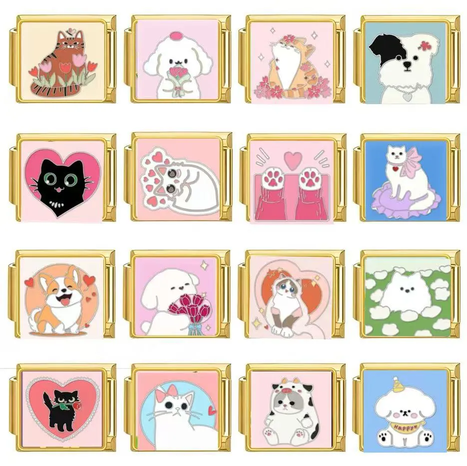 Edelstahl Italienischer Charm-Link Für Armband Vergoldet Emaille Cartoon Katze Hund Haustier Muster DIY Modularer Schmuckanschluss Zubehör