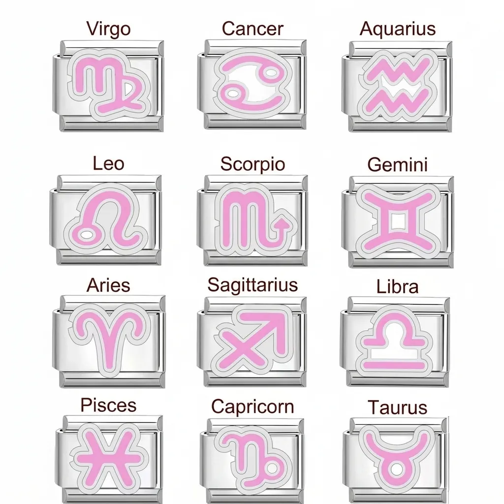 Componente per Bracciale Modulare in Acciaio Inossidabile Italian Charm Link Smalto Rosa Segno Zodiacale per Gioielli Fai da Te Regali Unisex