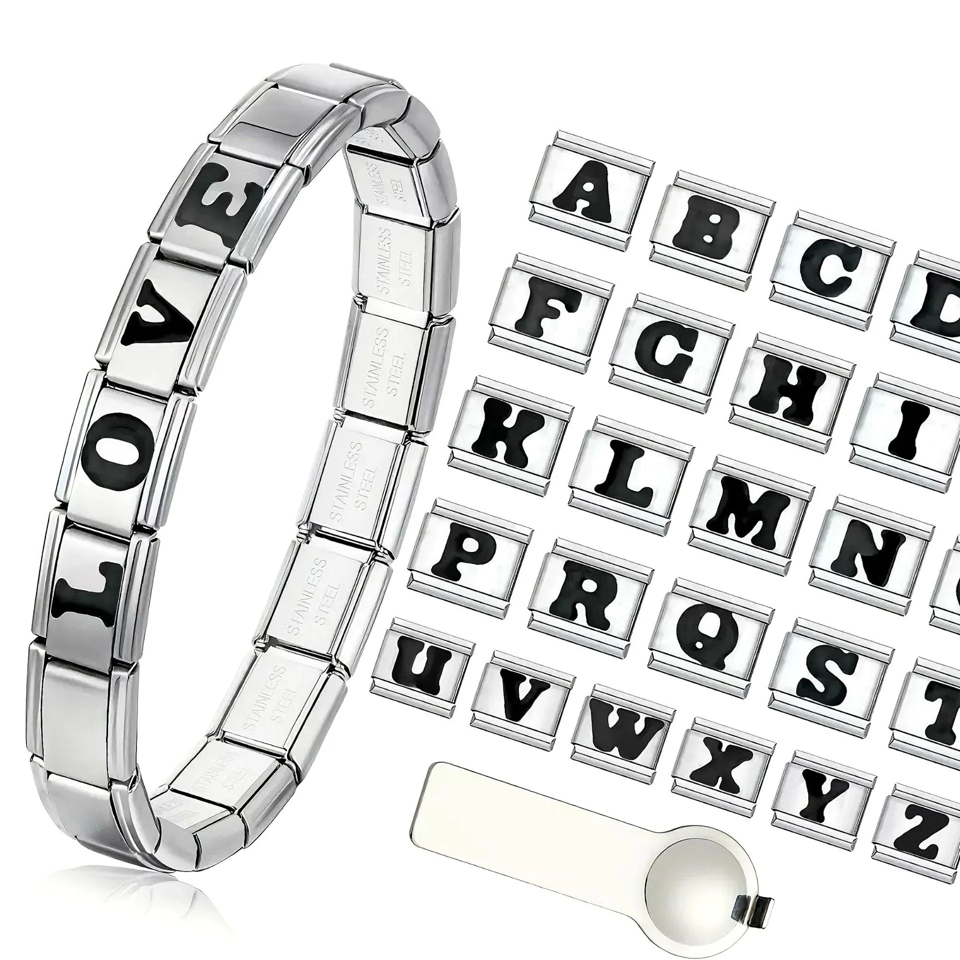 Italian Charms Modular Bracelet Links Stainless Steel DIY Alphabet Letter A-Z Elastic Watch Band Bracelet Jewelry Accessory