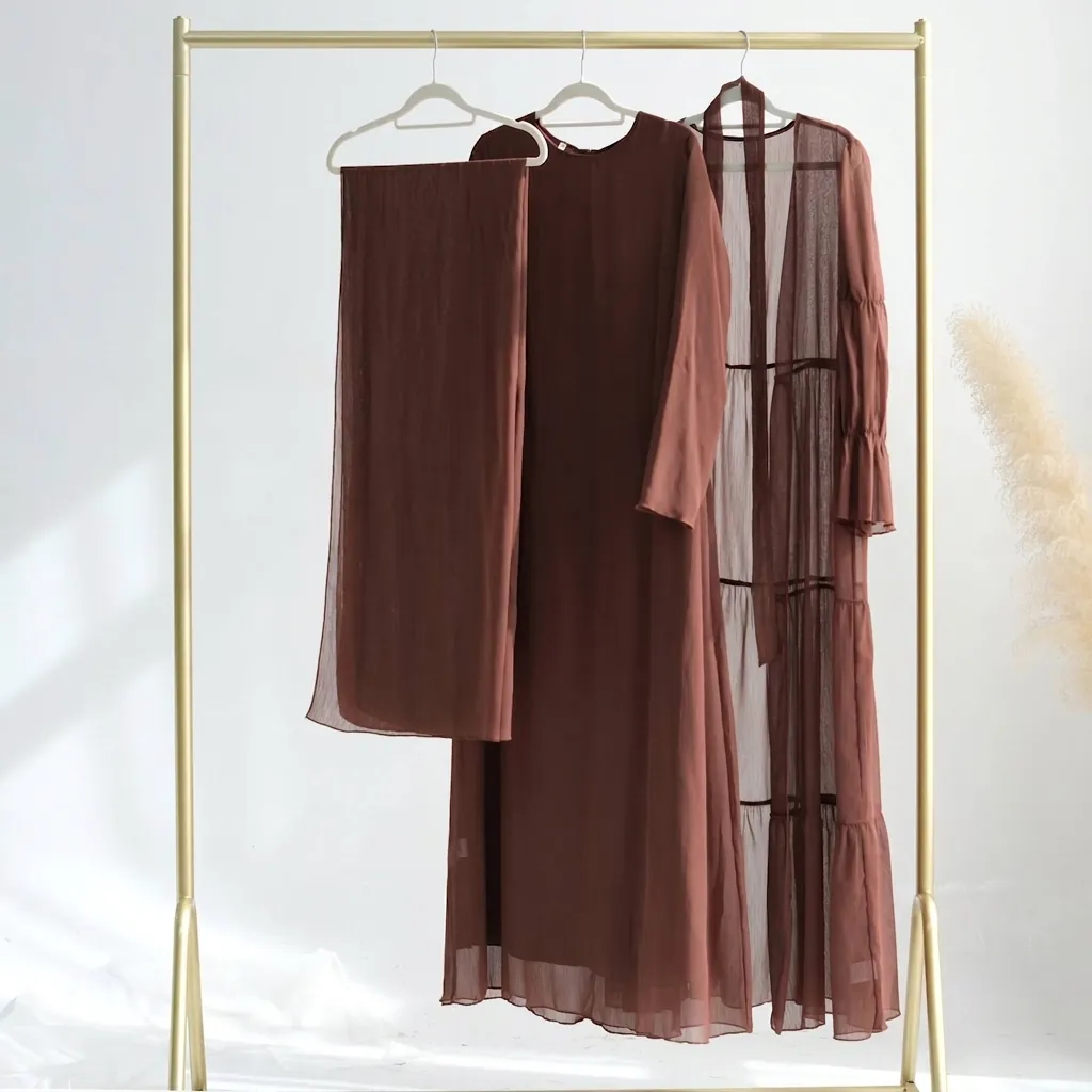 Ensemble Robe et Abaya Élégant en Mousseline Plissée pour Femme Style Turc Couleur Unie Manches Longues Robe Maxi Ensemble
