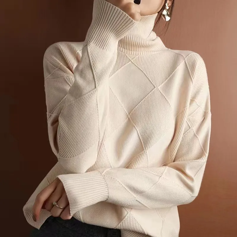 Women's Argyle Turtleneck Pullover Sweater Thick Wool Blend Long Sleeve Ribbed Cuffs Solid Color Casual Knitwear Top