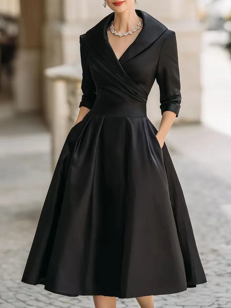 Elegant V-neck Satin Midi Dress For Women Formal High Waist Pleated A-line Skirt Three-quarter Sleeves Retro Party Dress