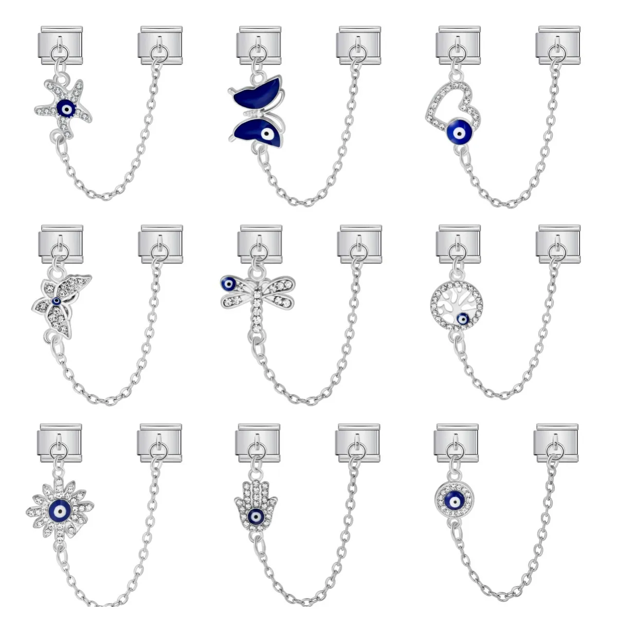 Stainless Steel Evil Eye Safety Chain Charm For Italian Modular Bracelet DIY Rhinestone Enamel Hamsa Heart Butterfly Link