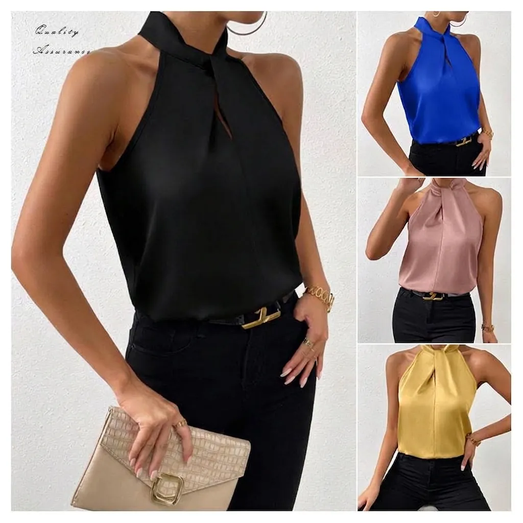 Canotta da Donna Scollo all'Americana Senza Maniche in Raso Sexy Nodo Pieghettato Tinta Unita Poliestere Vestibilità Slim