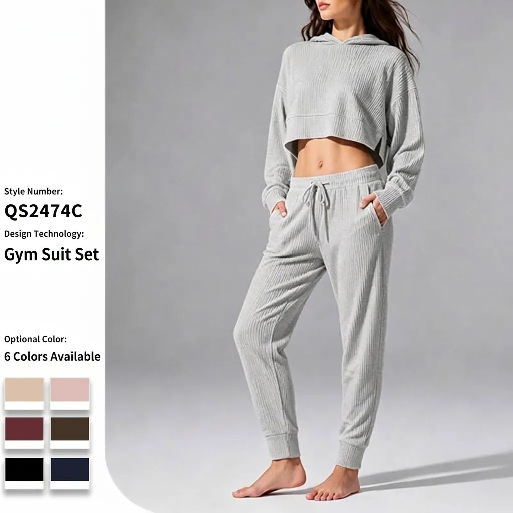 Chándal Deportivo Con Capucha para Mujer de Pana Poliéster Acanalado Manga Larga Top And Bottom Casual Cálido Yoga