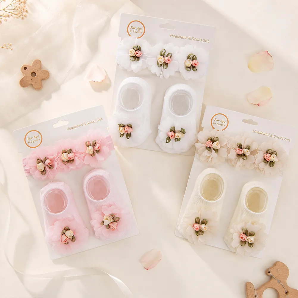 Conjunto De Diadema Y Calcetines Para Bebé Niña Gasa Flor 3D Nylon Diadema Elástica Calcetines Antideslizantes Para Recién Nacidos