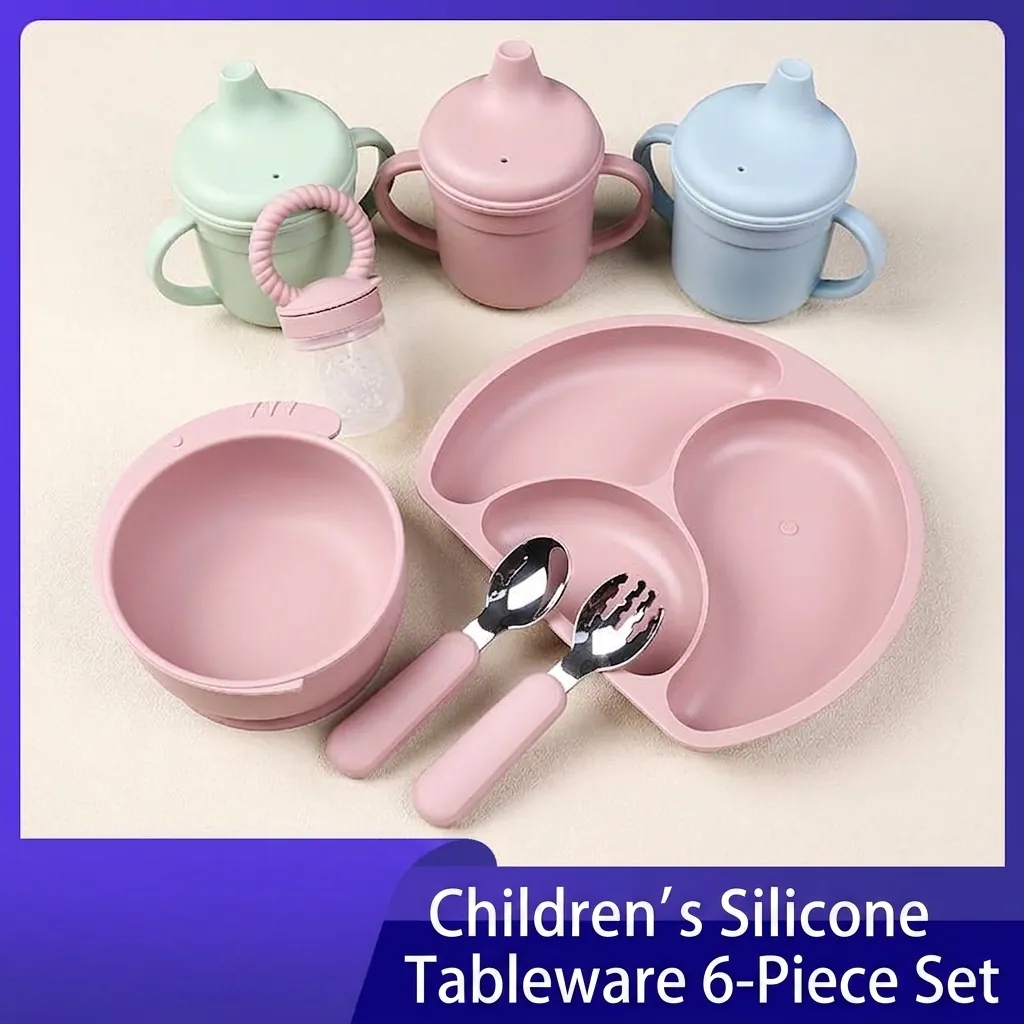 Silicone Baby Tableware Feeding Divided Plate Suction Bowl Sippy Cup Stainless Steel Fork Spoon Fruit Feeder BPA Free