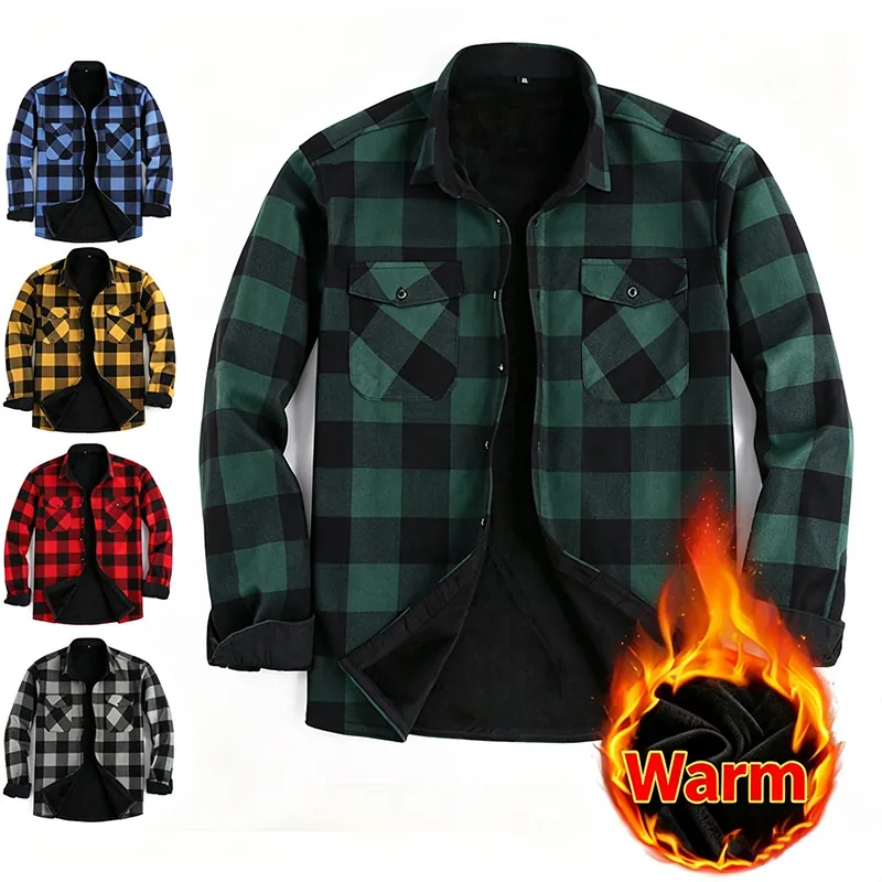 Camicia a Quadri in Flanella Calda da Uomo Foderata in Pile Giacca a Camicia Casual a Maniche Lunghe Inverno