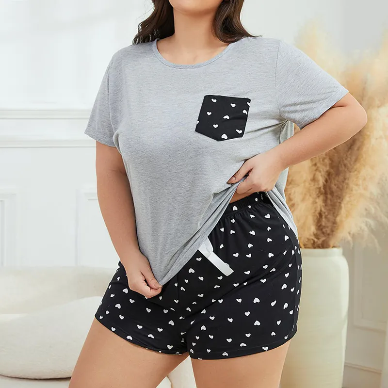 Women's Plus Size Pajama Set Heart Print Short Sleeve Top And Bottom Grey Black Summer Loungewear Breathable Sleepwear